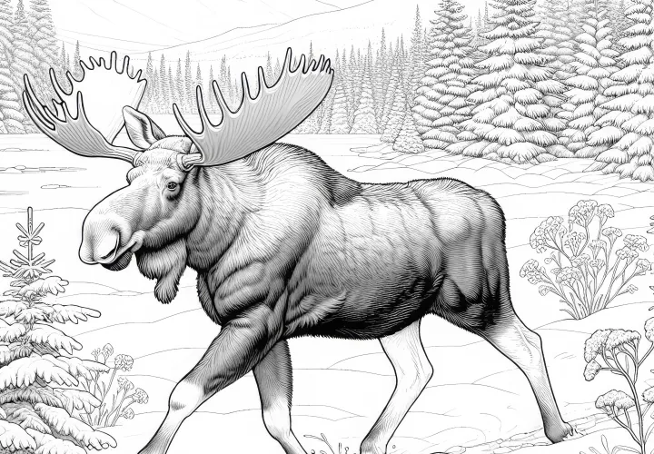 Лось медленно шагает по заснеженной поляне – раскраска с детализированным изображением бесплатно