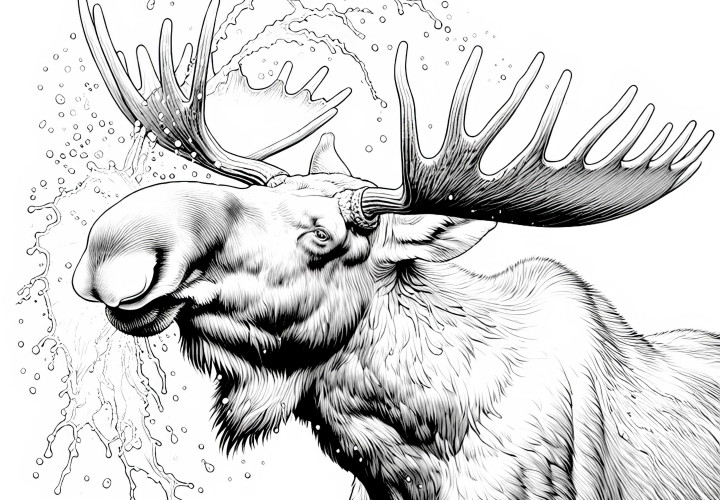 Moose shakes its head and sprays water droplets from its antlers – coloring page