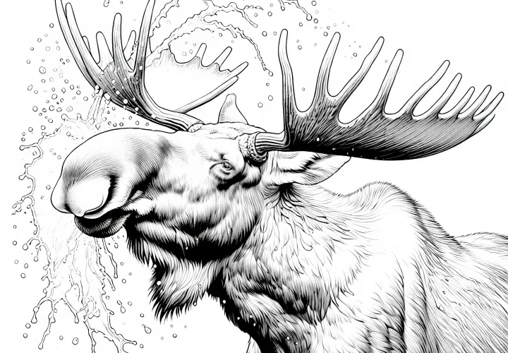 Лось трясет головой, и при этом капли воды брызгают с рогов – раскраска