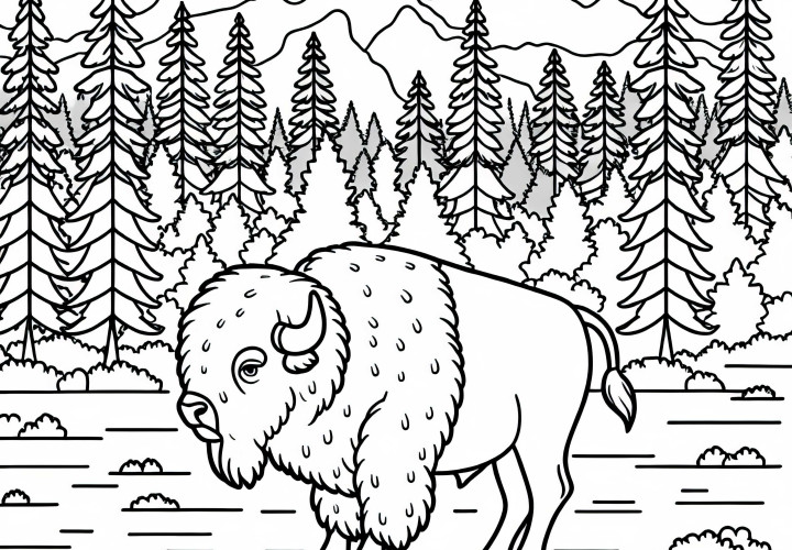 A bison stands majestically in a forest clearing - coloring page free and easy