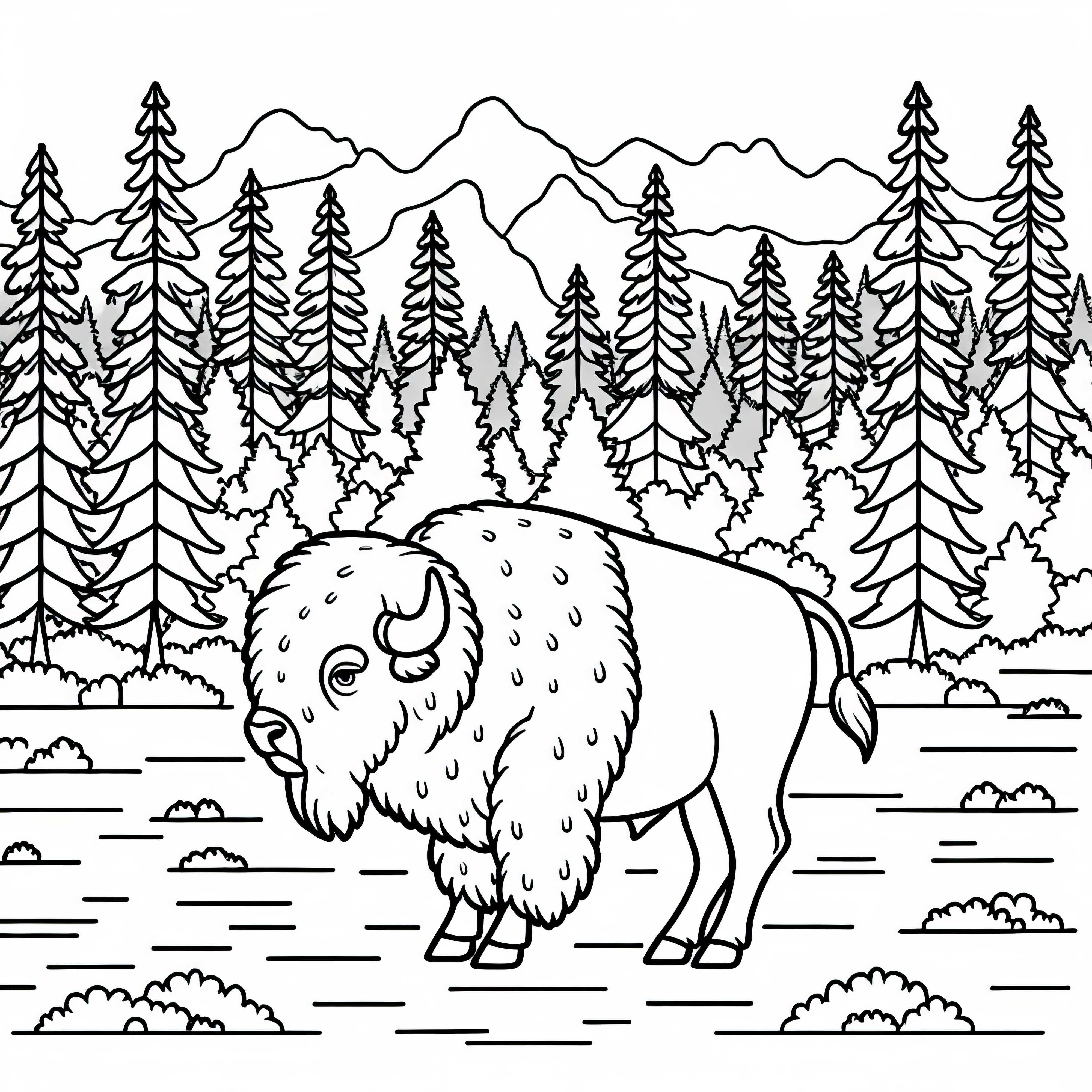 A bison stands majestically in a forest clearing - coloring page simple free