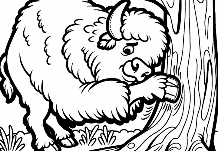 Bison scratching itself on a tree - free simple coloring template