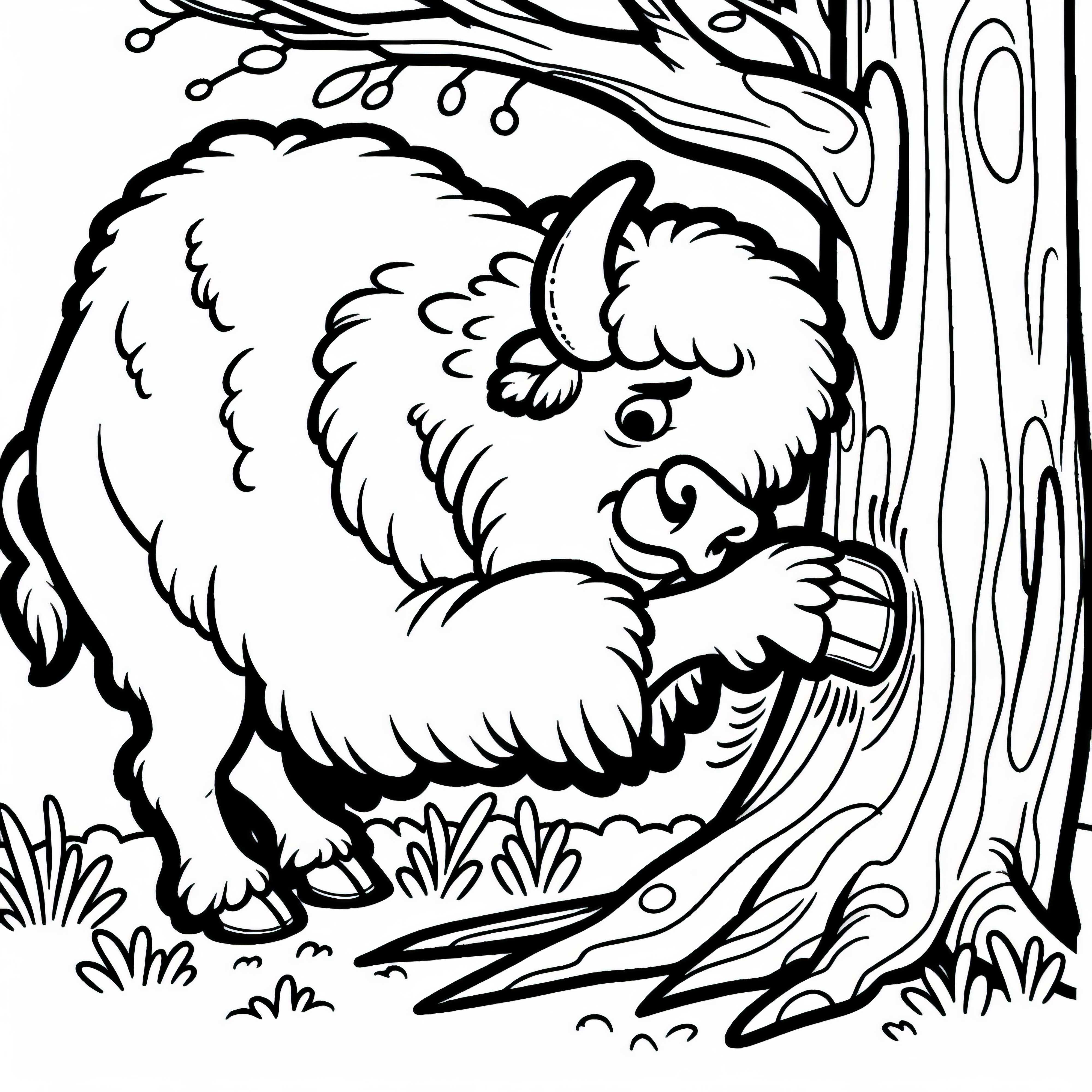 Bison scratches itself on the tree – Coloring template simple free