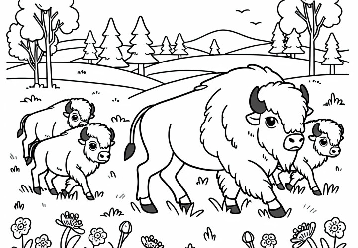A small herd of bison is trotting slowly across the meadow – Coloring page for free download