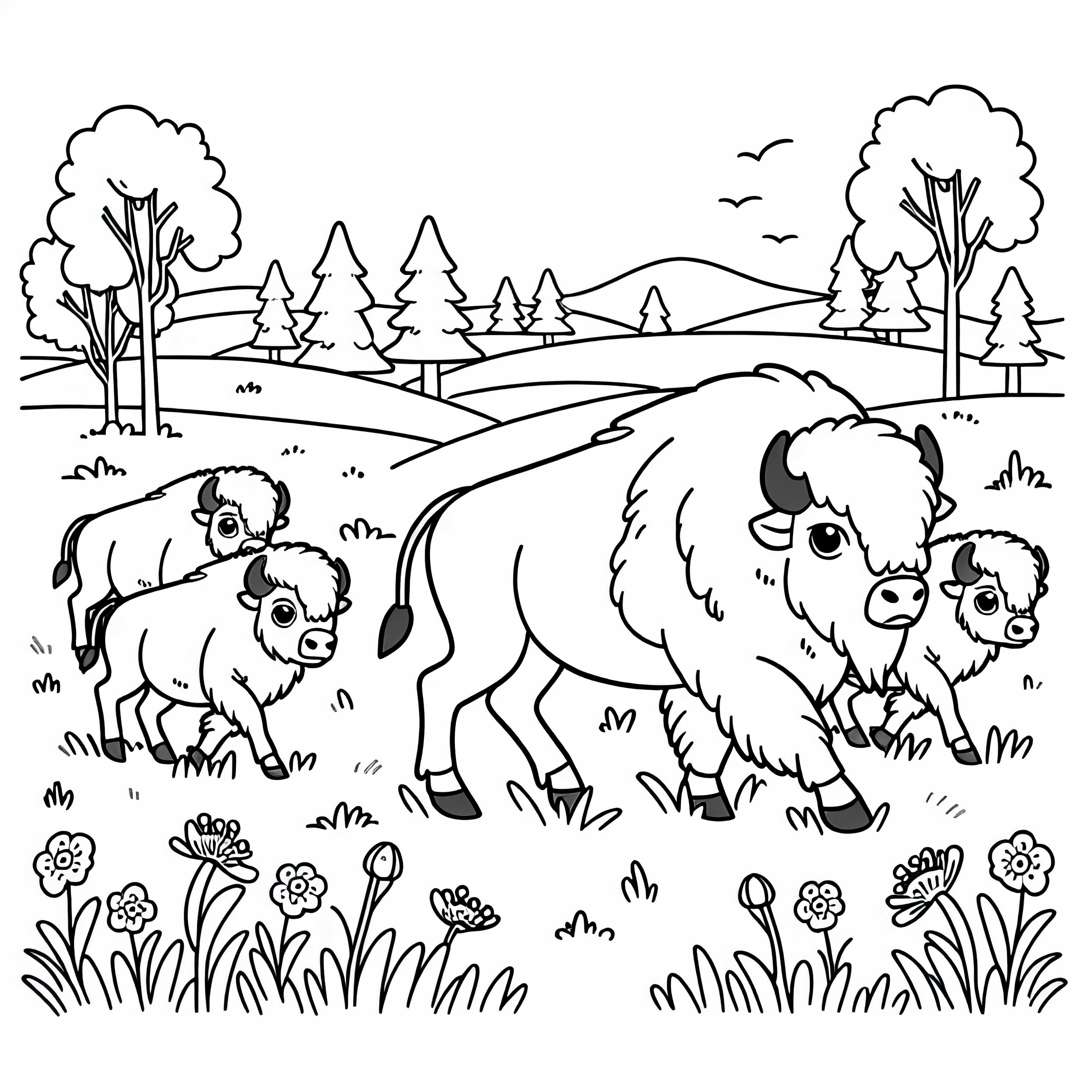 小さなビセントの群れが草原をゆっくりと歩いている - 無料ダウンロード用の塗り絵 小さなビソンの群れがゆっくりと草原を歩いています - 無料ダウンロード用の塗り絵。