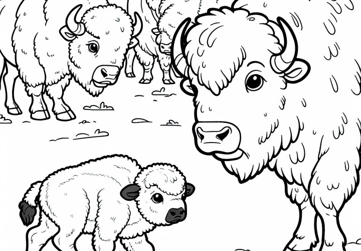 Wisent calf runs curiously among adult animals – Free coloring template