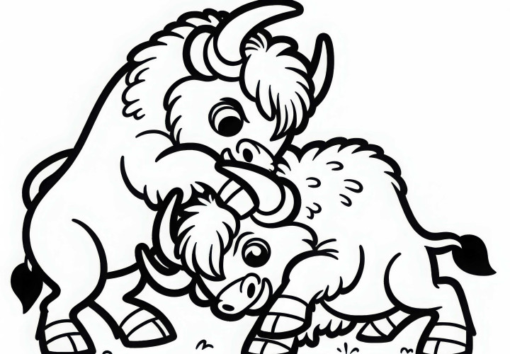 Two Bison Playfully Sparring with Their Horns - Free Coloring Page