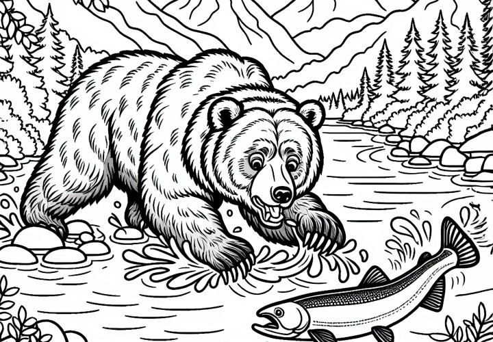 Grizzly medvěd chytá skákající lososa v řece – omalovánka zdarma