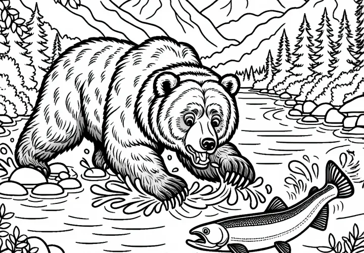 Гризли ловит прыгающего лосося в реке – Бесплатная раскраска
