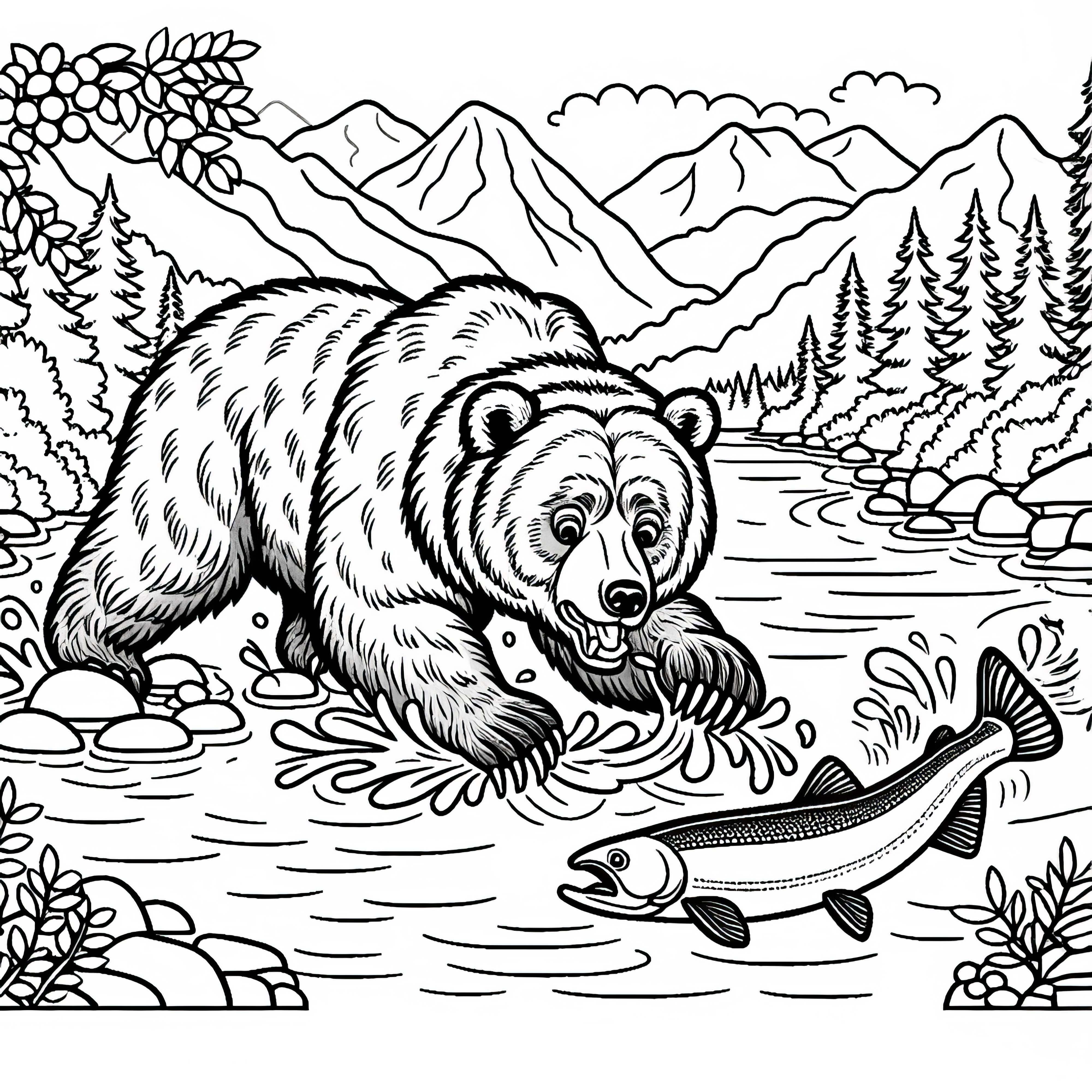 Un ours grizzly attrape un saumon sautant dans la rivière - Dessin à colorier gratuit