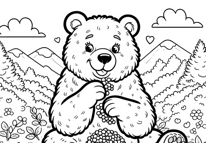 Grizzly sedí pohodlně na louce a jí bobule – omalovánka jednoduchá zdarma
