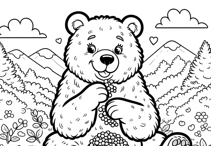 Гризли уютно сидит на лужайке и ест ягоды – раскраска просто бесплатно