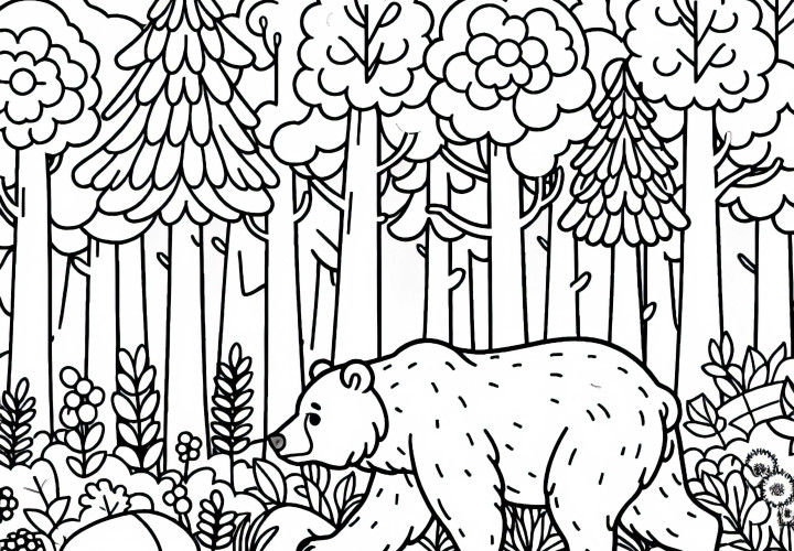 Grizzly se pomalu prodírá hustým lesem – omalovánka zdarma