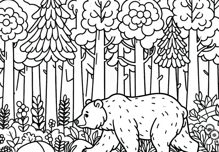 Гризли медленно перебирается через густой лес – Раскраска бесплатно