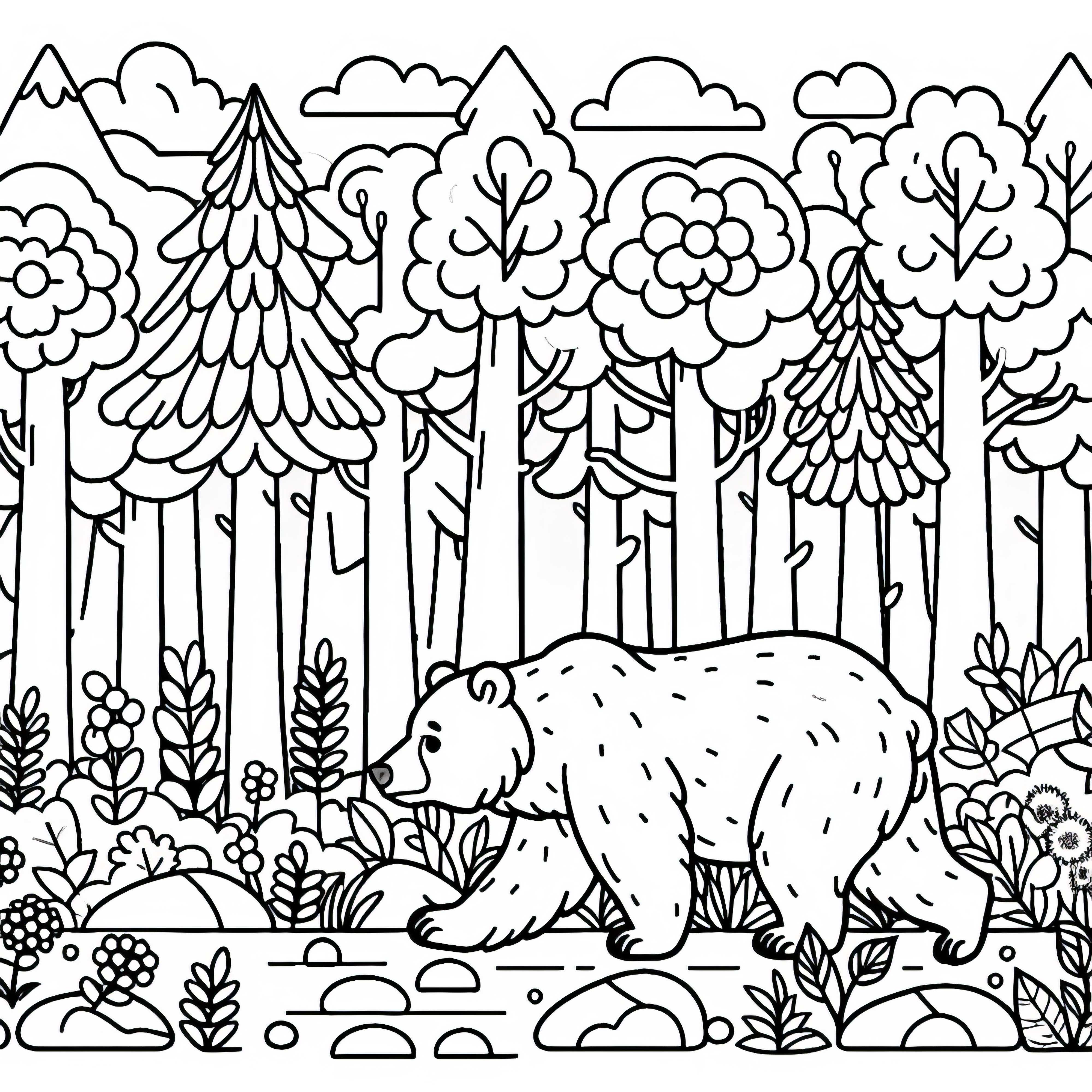 Grizzly pomalu kráčí hustým lesem – Obraz k vybarvení zdarma Grizzly pomalu kráčí hustým lesem – Obrázek na vybarvení zdarma