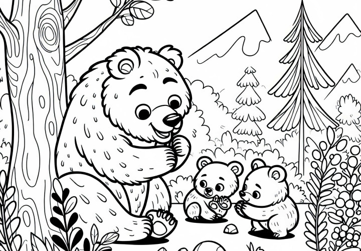 Matka grizzly hraje se svými obratnými mláďaty - zdarma k vytištění