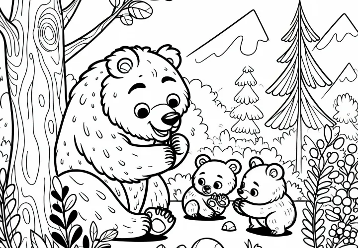 Мать гризли играет со своими неуклюжими медвежатами - раскраска бесплатно