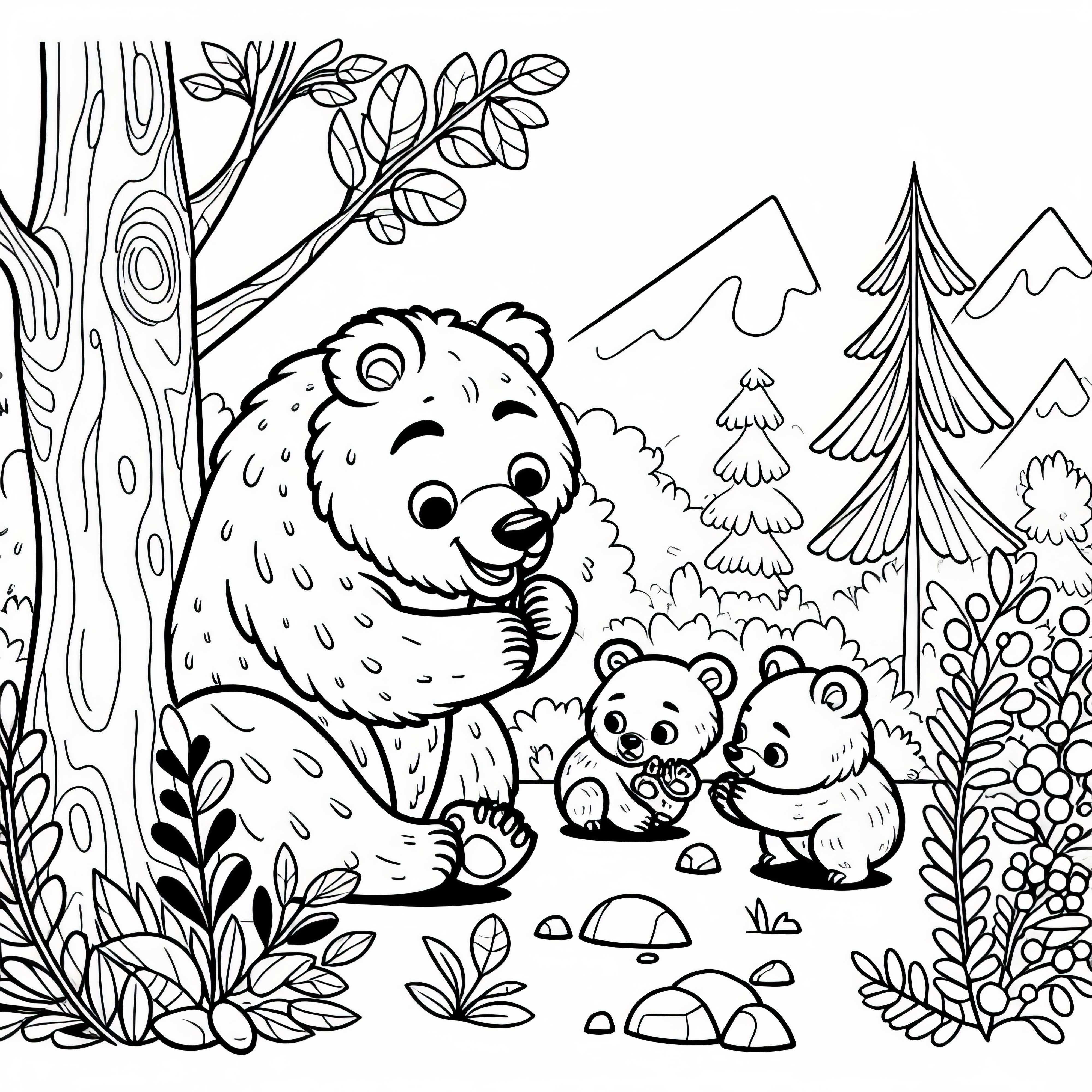 Matka grizzly hraje se svými ušatými mláďaty - zdarma omalovánka