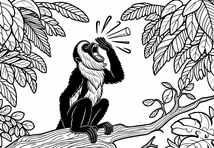 Howler monkey sits on a branch and roars loudly into the jungle – Coloring page for free download