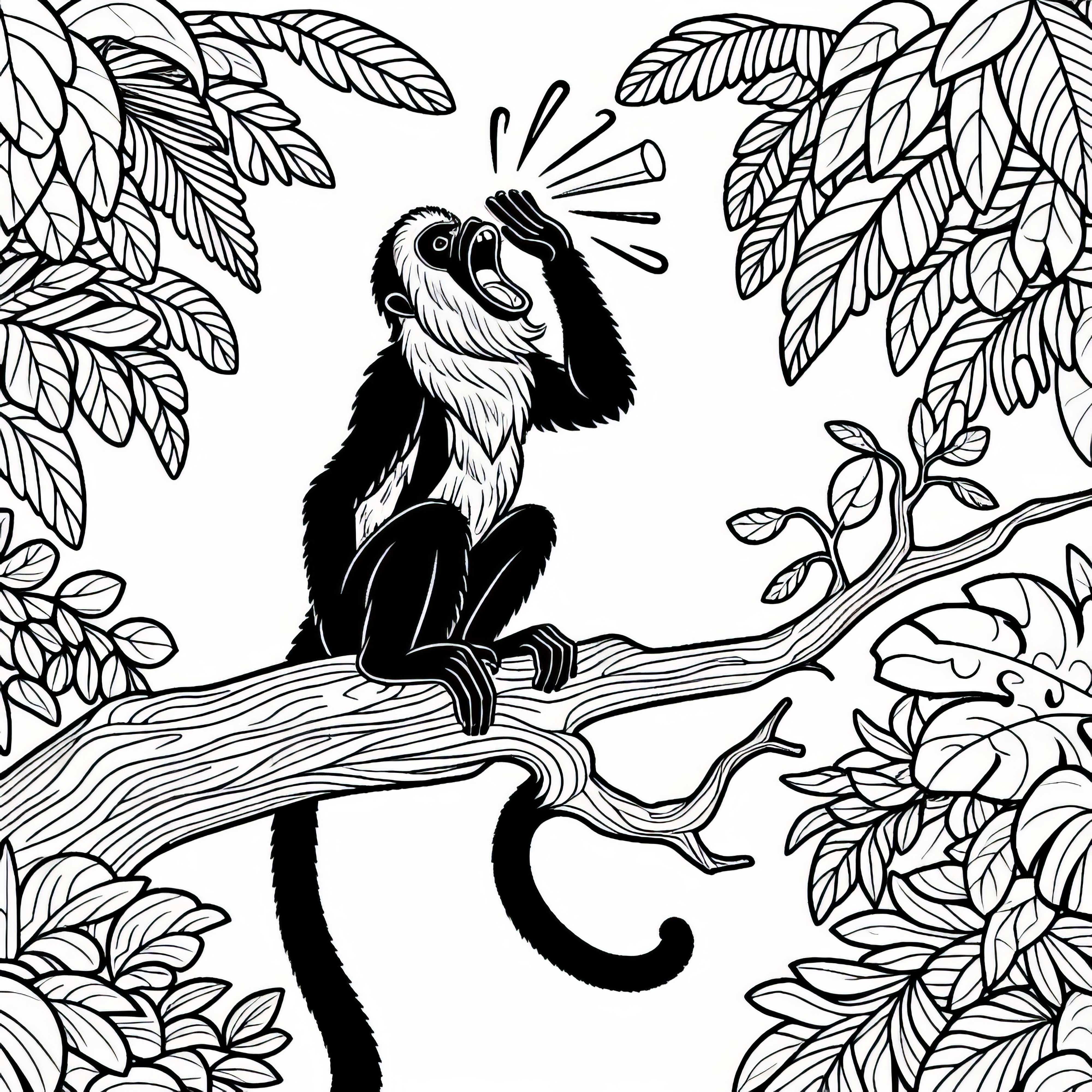 Howler monkey sits on a branch and roars loudly into the jungle - Coloring page for free download Howler monkey sits on a branch and shouts loudly into the jungle – Coloring page for free download