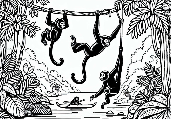 Gruppe Brüllaffen schwingt sich von Liane zu Liane – Malvorlage gratis