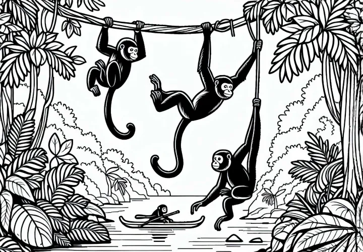 울음원숭이 그룹이 덩굴에서 덩굴로 swinging - 무료 색칠하기 자료