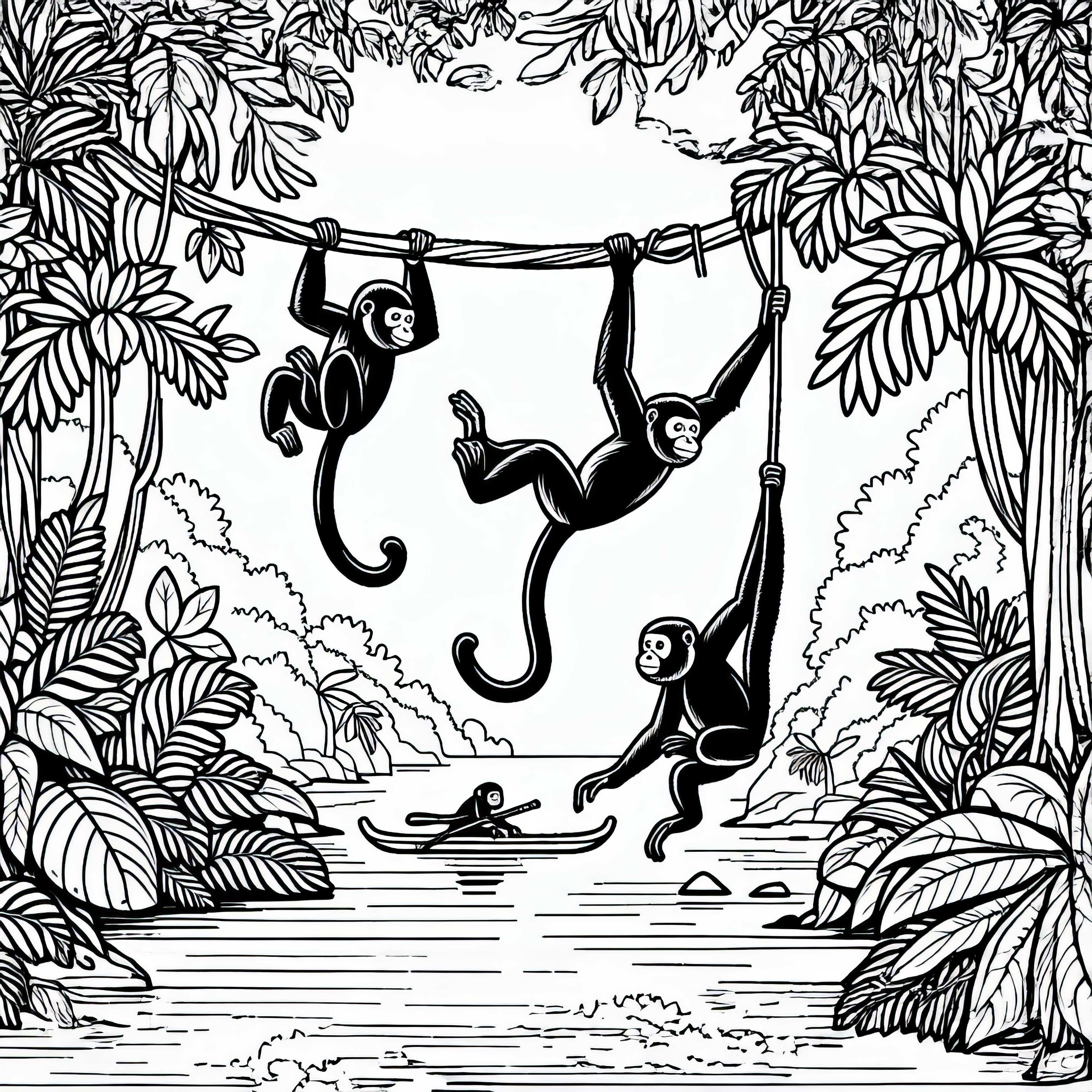 Gruppe Brüllaffen schwingt sich von Liane zu Liane – Malvorlage gratis