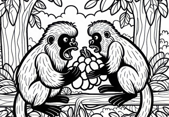 Two Howler Monkeys Argue Over Fruit – Free Coloring Page