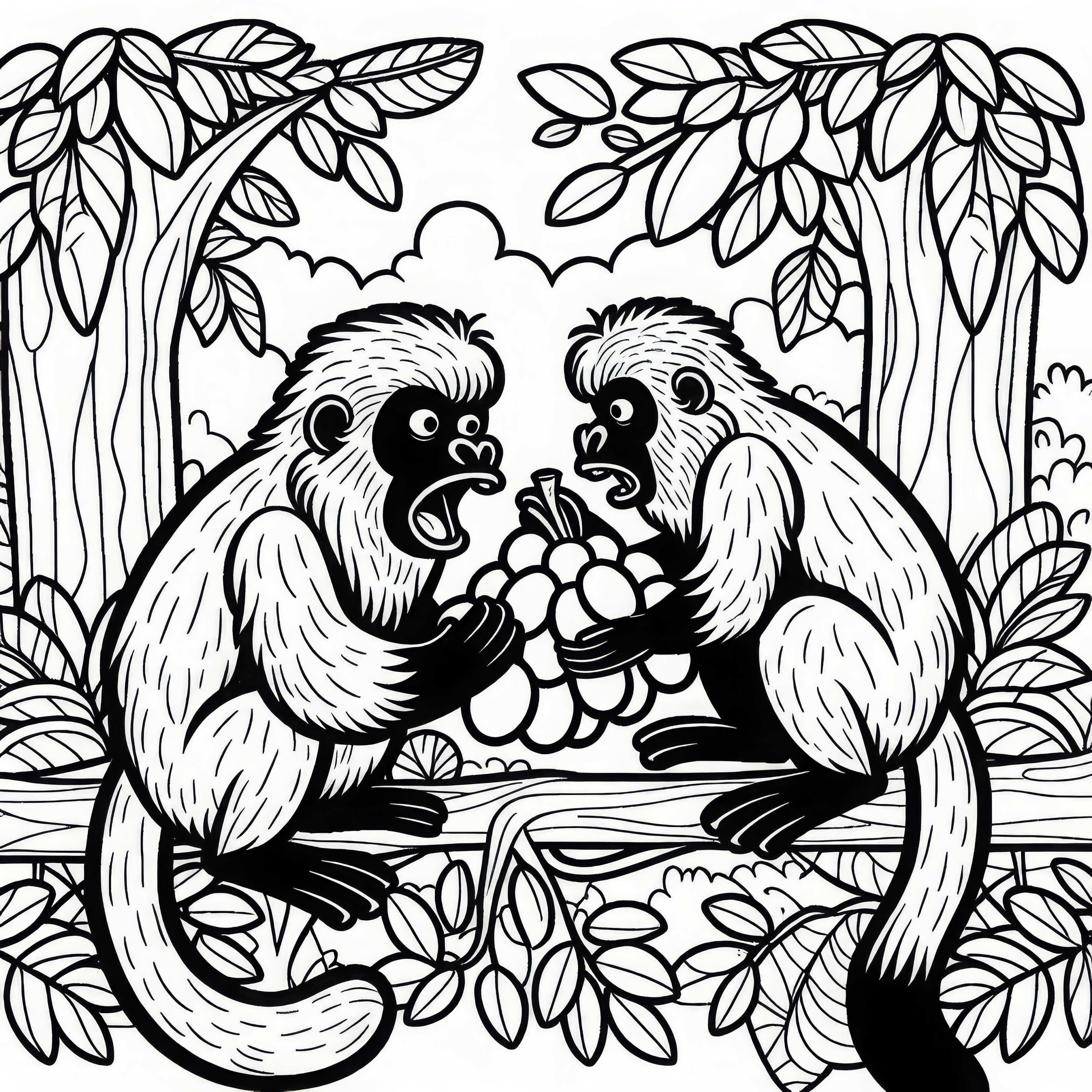 Dva chřestýši se hádají o ovoce – omalovánka zdarma Dva řvouni se hádají o ovoce – omalovánka zdarma