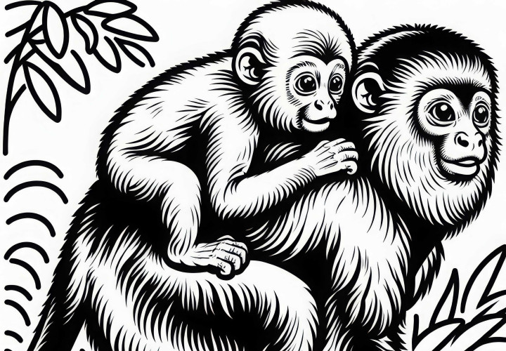 Howler monkey baby clings to its mother's back – coloring page