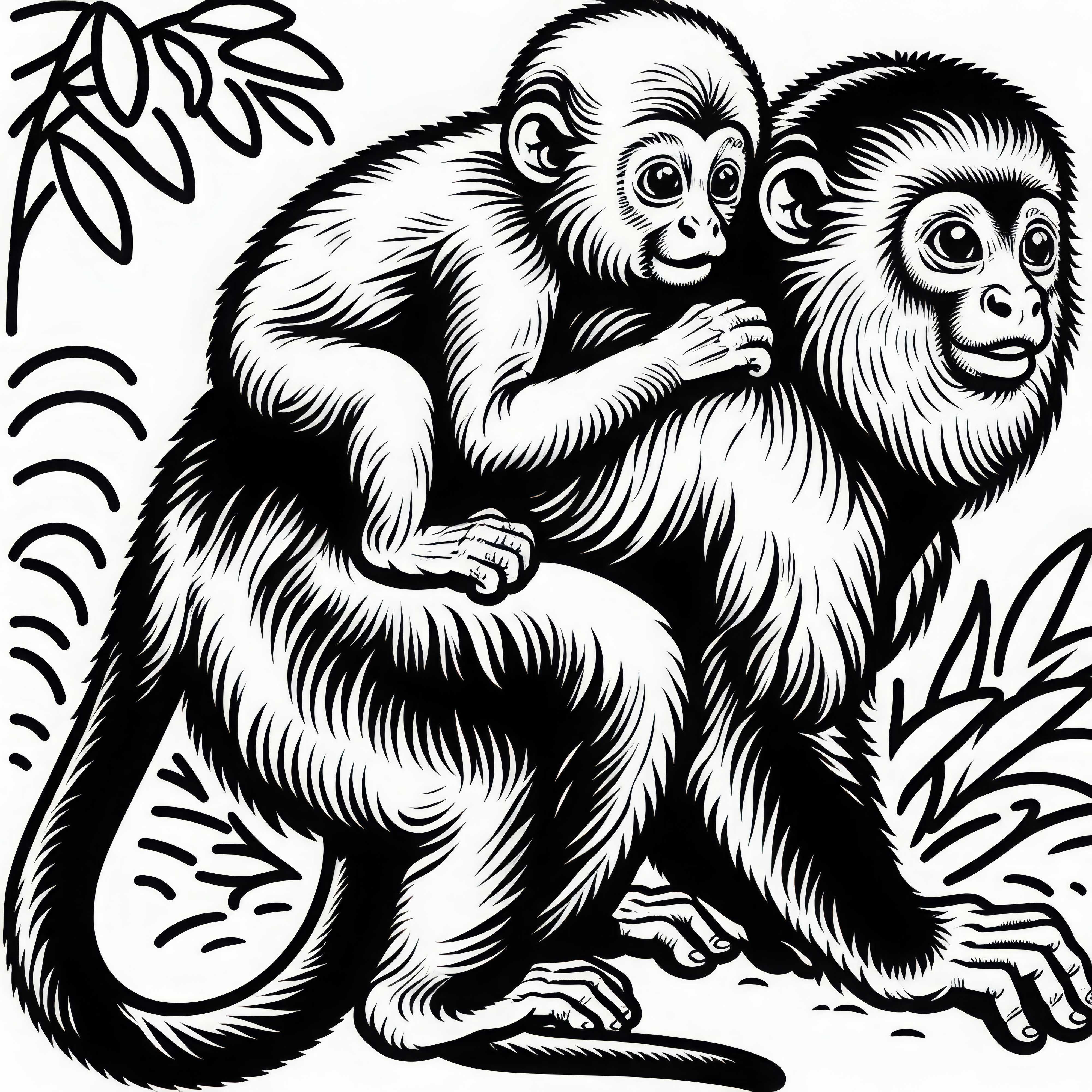 Howler monkey baby clings to its mother's back - Coloring page Baby howler monkey clings to its mother's back - coloring page