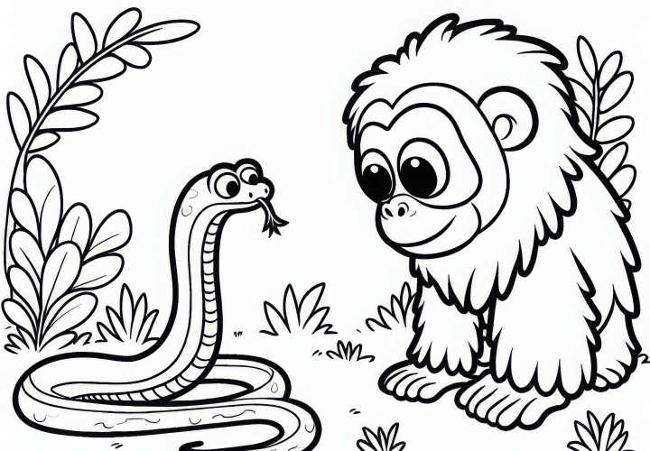 A roaring monkey curiously observes a snake on the ground – Coloring page for download