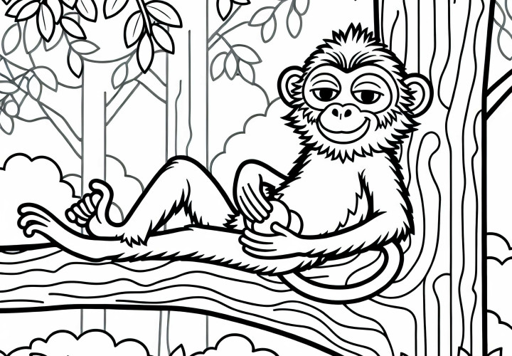 Macaque sits relaxed on a tree and holds a fruit – free coloring page