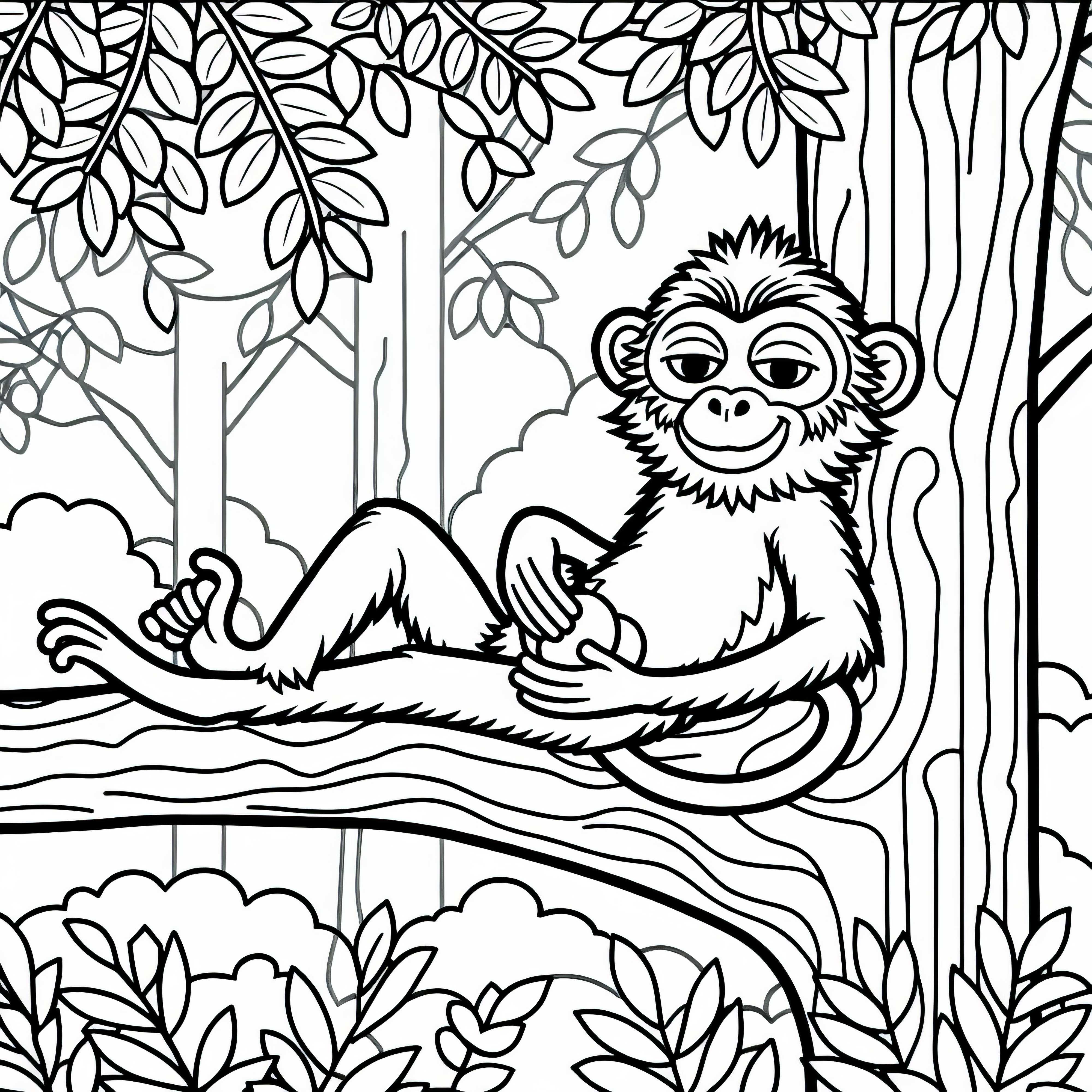 Macaque sits relaxed on a tree and holds a fruit – free coloring page Macaque sits relaxed on a tree and holds a fruit – coloring page free of charge