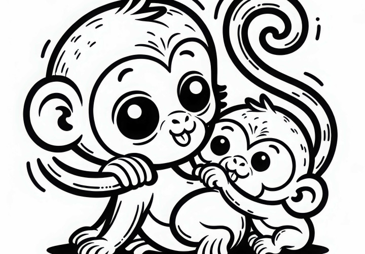 Macaque baby curiously plays with mother - free coloring template