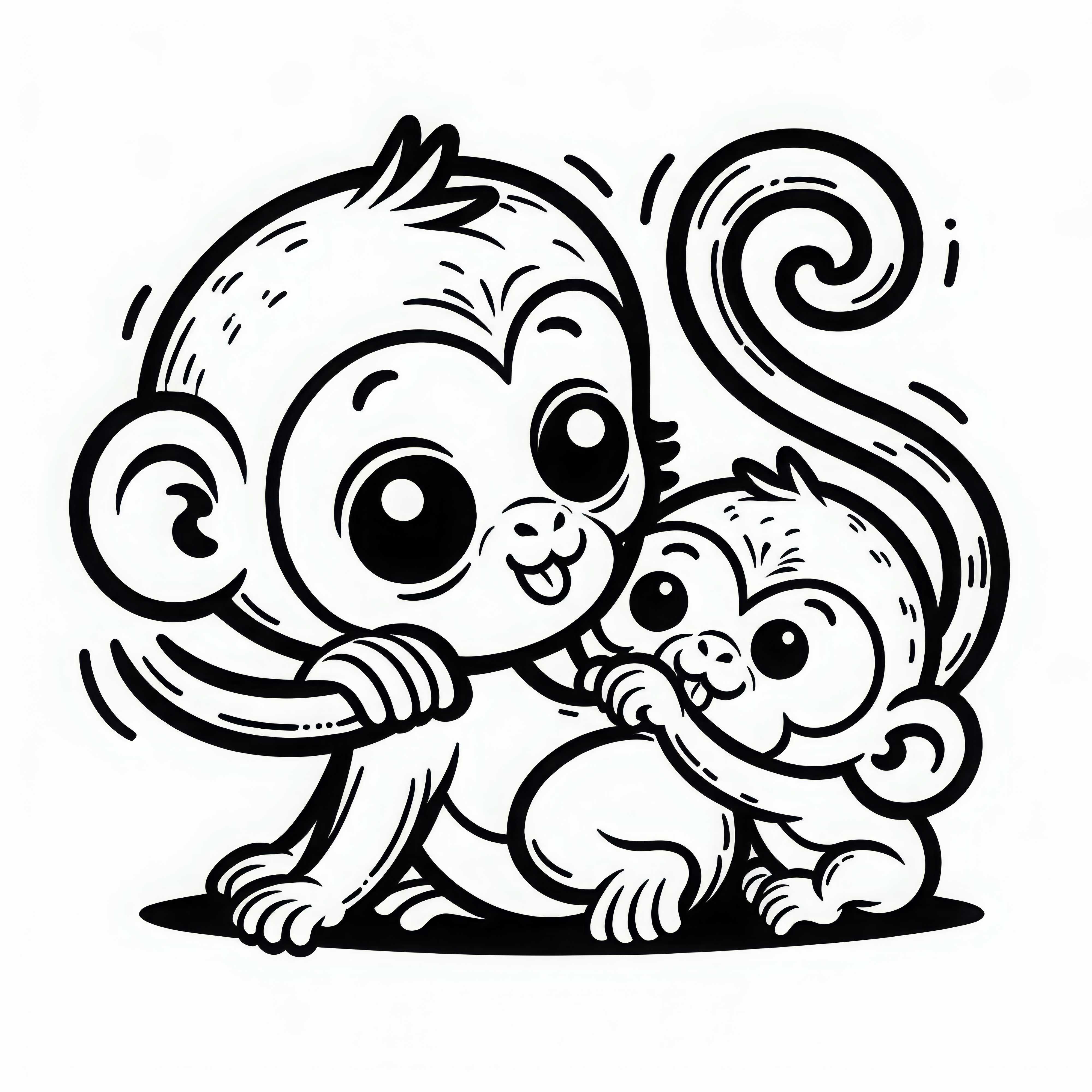 Bebê macaco brinca curiosamente com a mãe - Desenho para colorir grátis Filhote de macaco brinca curiosamente com a mãe - Desenho para colorir grátis