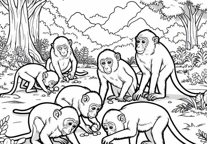 A group of macaques rummages through the ground in search of food - free coloring page