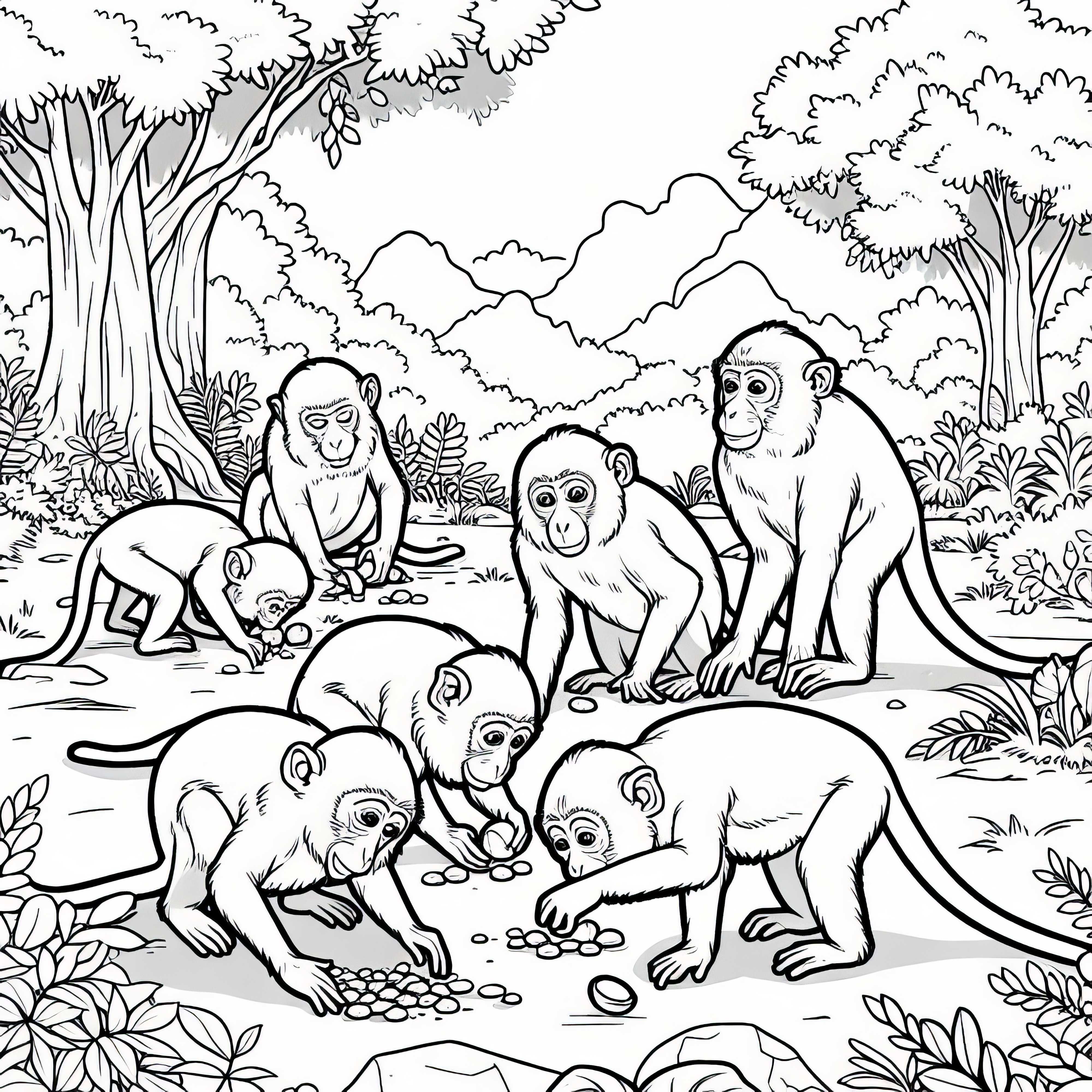 먹이를 찾기 위해 땅을 뒤지는 마카크 원숭이 그룹 - 무료 색칠 공부용 그림 마카크 무리가 음식을 찾기 위해 바닥을 뒤지고 있습니다 - 무료 색칠하기 도안