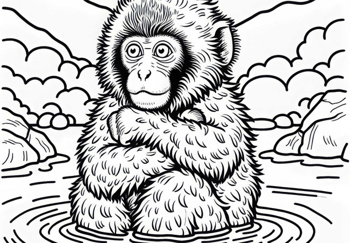 Macaque bathing in a hot spring - free coloring page