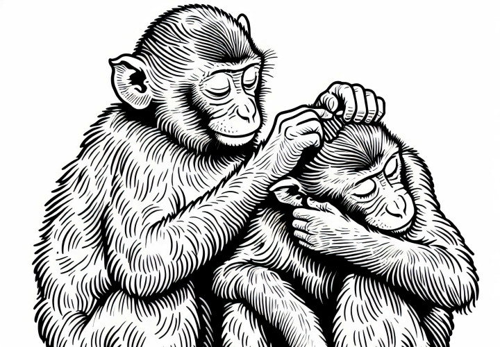 Two macaques groom each other's fur - Free coloring page