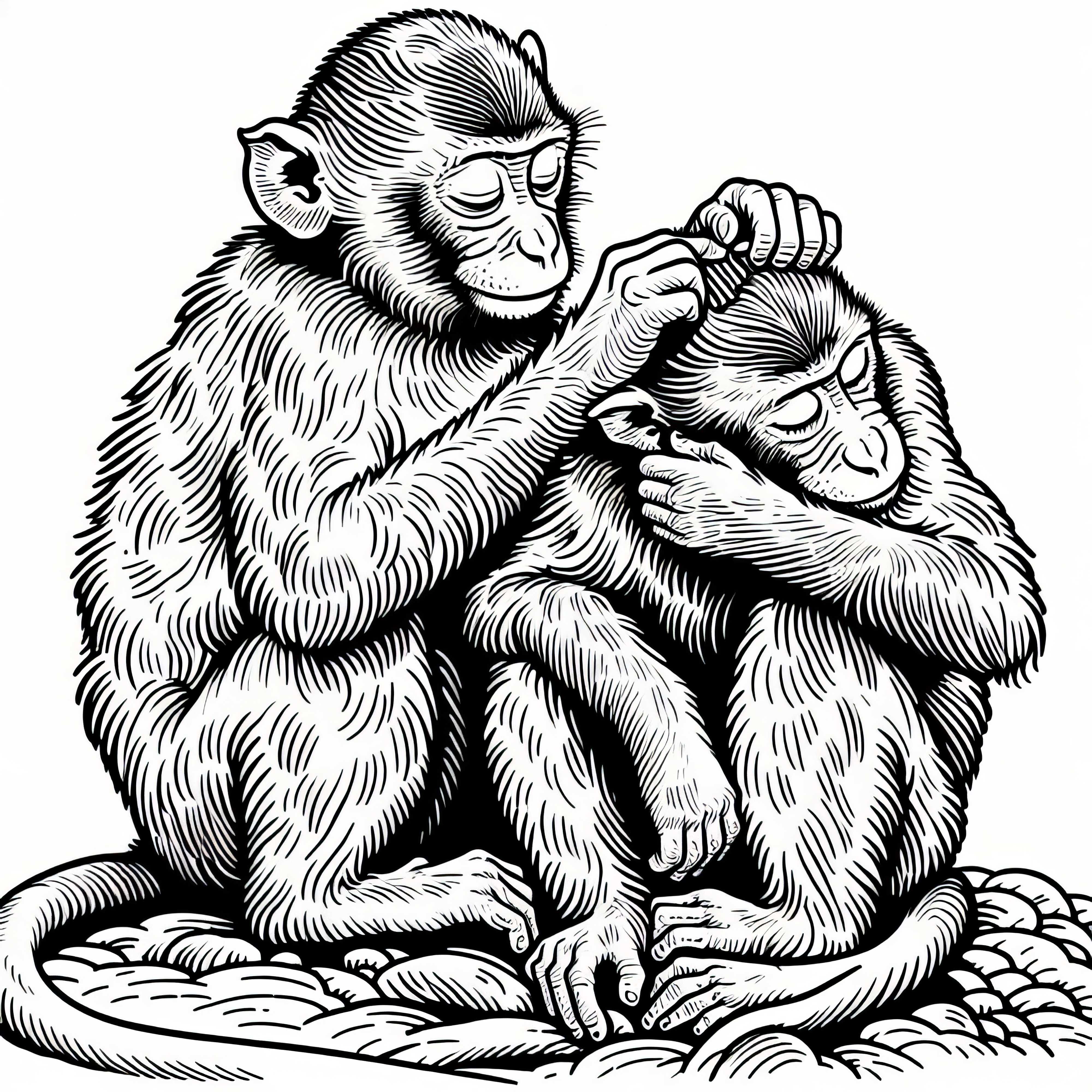 Dva makakové se vzájemně česají - obrázek k vymalování zdarma Dva makakové si navzájem čistí srst - omalovánka zdarma