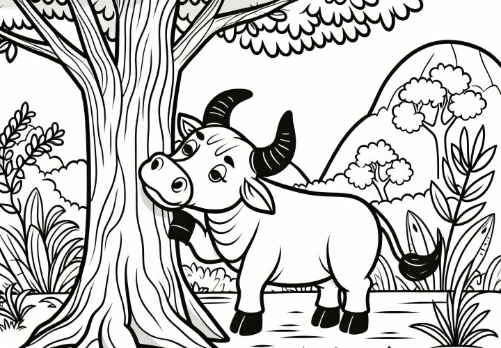 Bull scratches itself on the tree - Free coloring page
