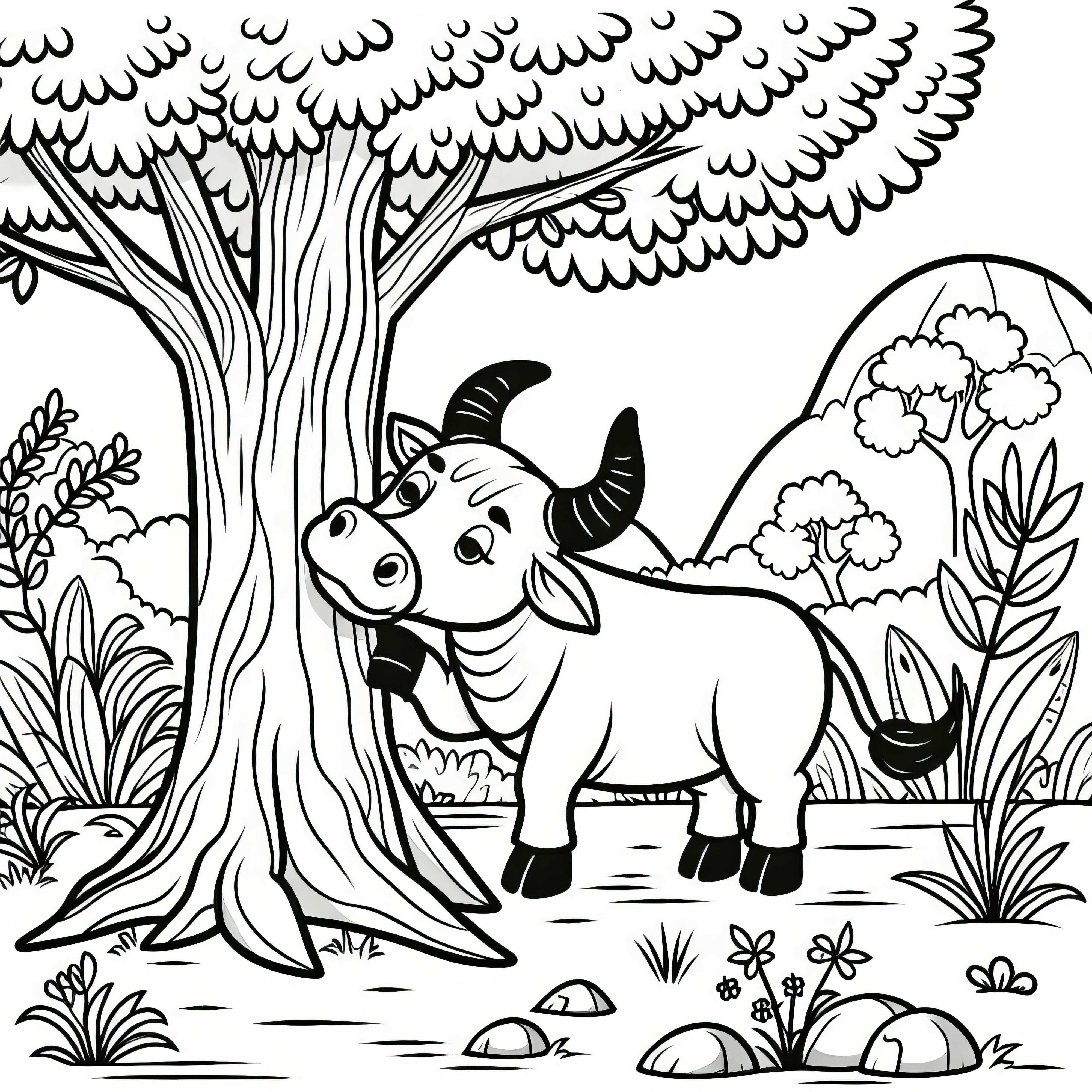 Bull scratches itself on the tree - coloring page free Bull scratches itself on the tree - free coloring page