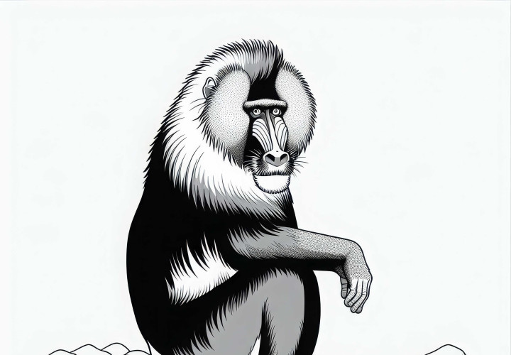 Mandrill sits on a rock - Free coloring page