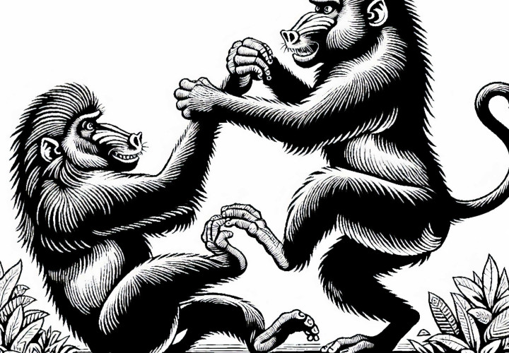 Zwei Mandrillmännchen kämpfen miteinander