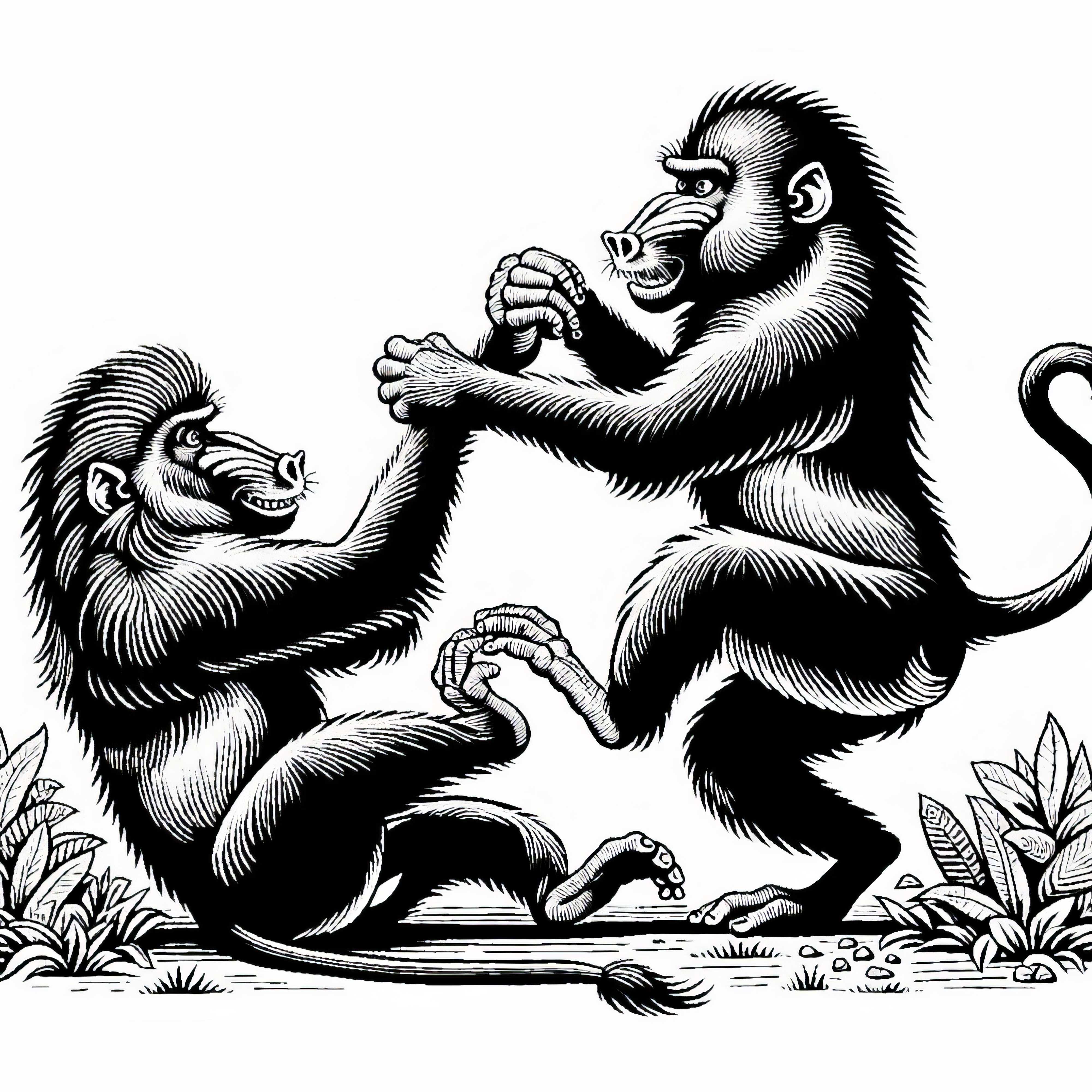 Zwei Mandrillmännchen kämpfen miteinander