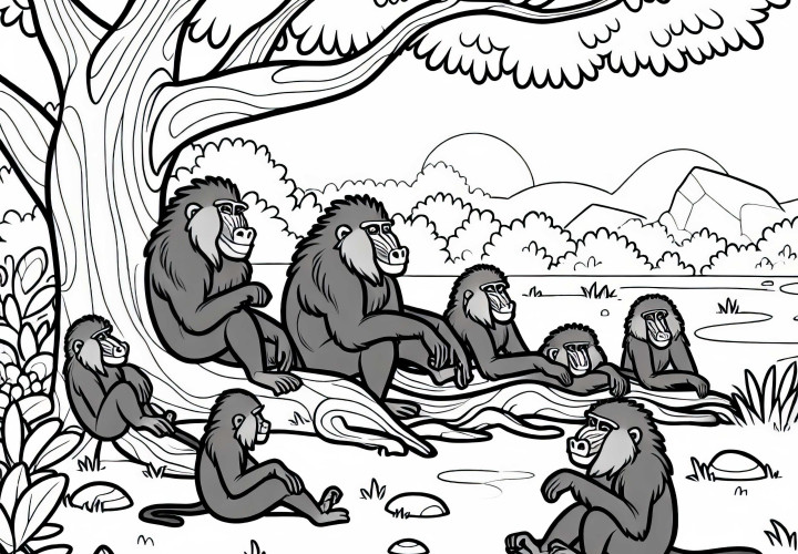 망둥어 그룹이 나무 그늘에서 휴식을 취하고 있습니다 - 무료 색칠공부 시트