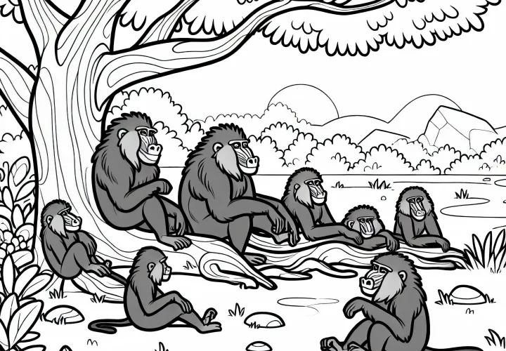 Группа мандрилов отдыхает в тени дерева – бесплатная раскраска