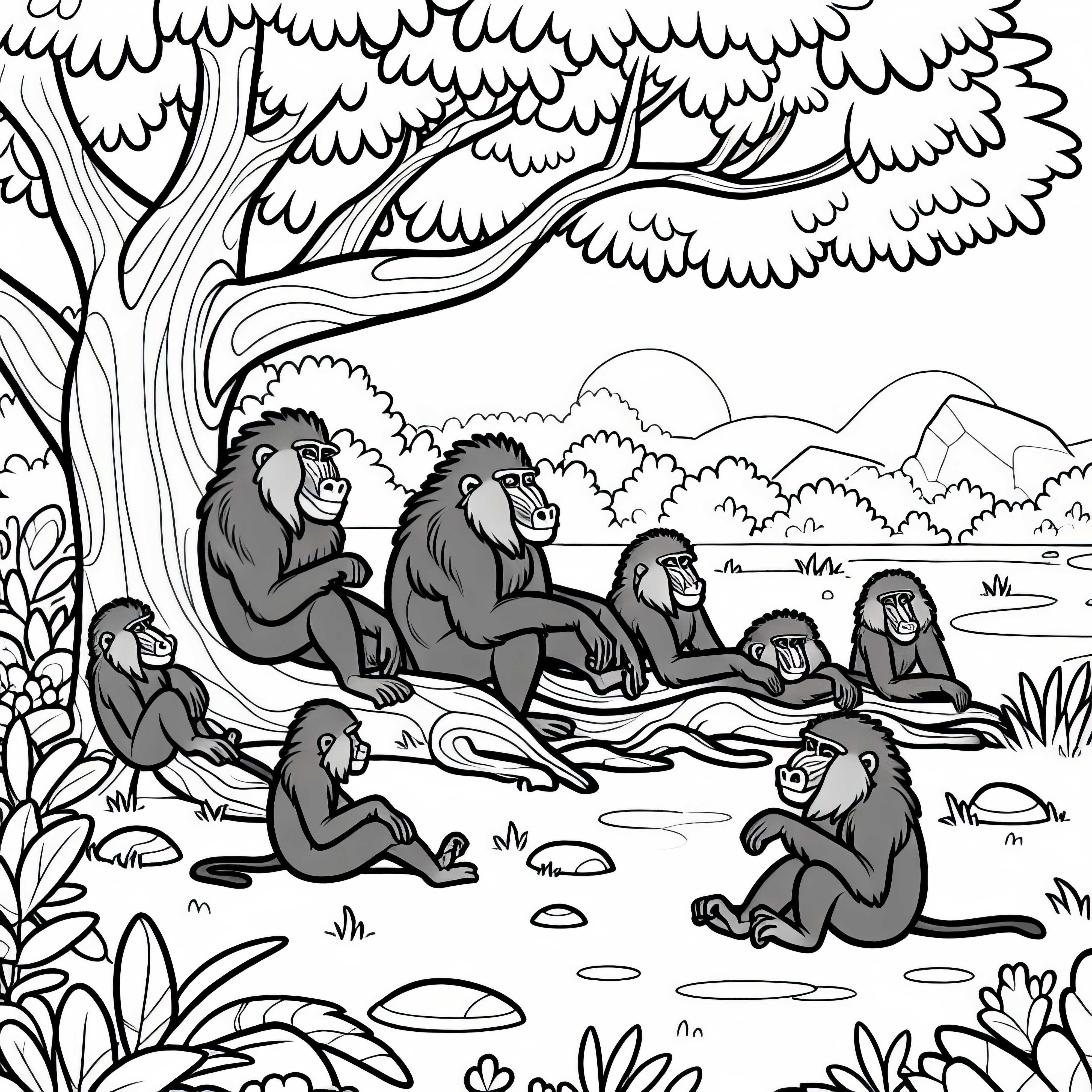 Mandrill group rests in the shade of a tree – coloring page free Mandrill group resting in the shade of a tree - coloring page free