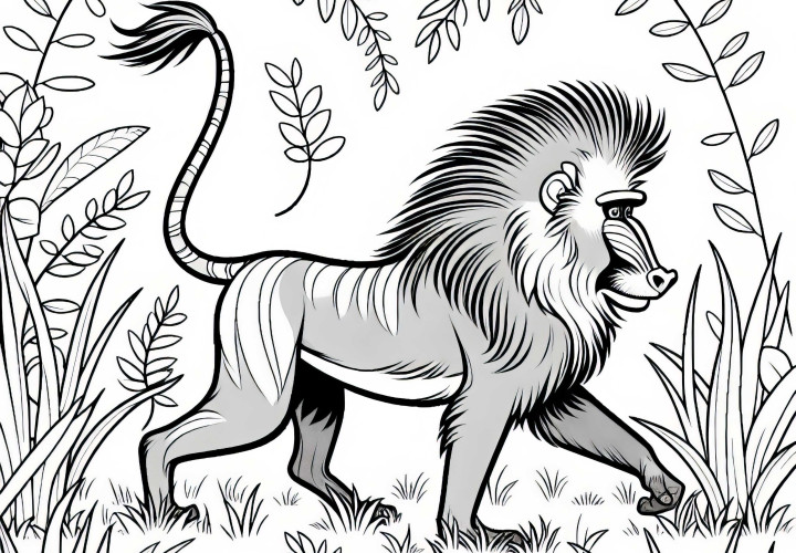 만드릴이 높은 풀 속을 걸어갑니다 – 무료 색칠하기 그림